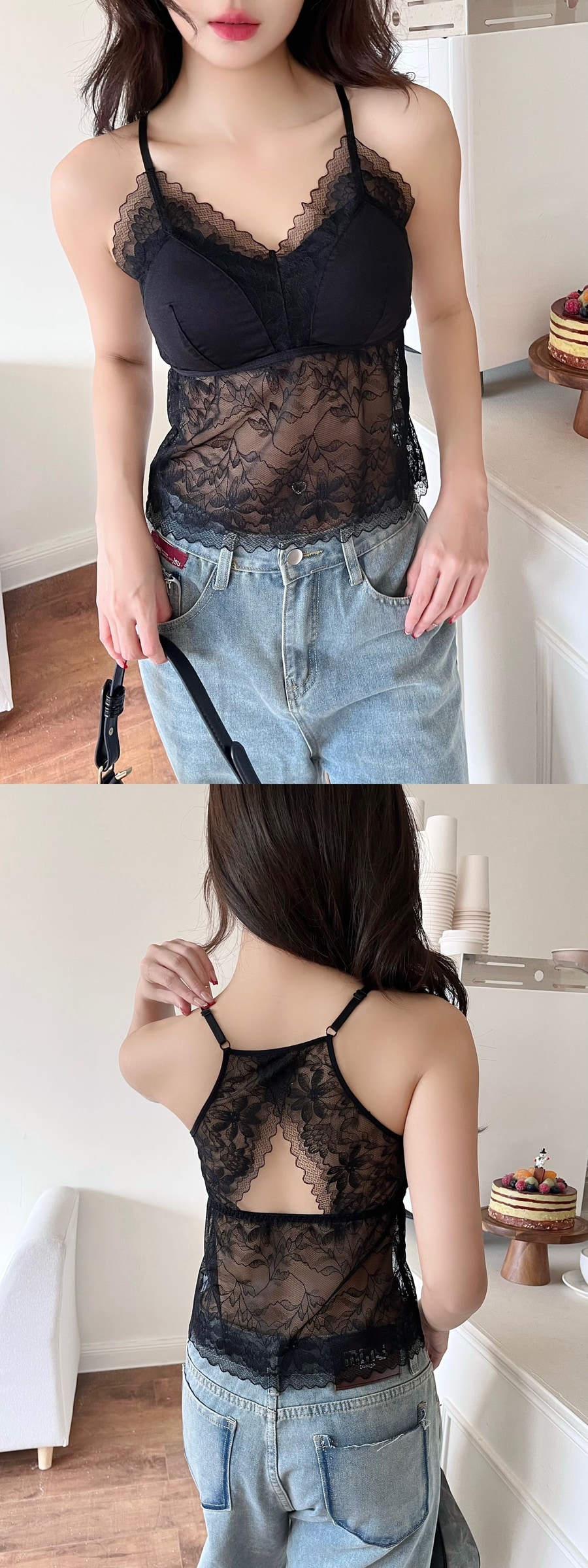 B438｜法式蕾丝中长款固定杯美背