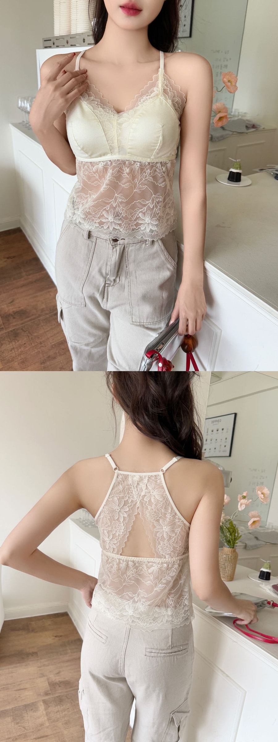 B438｜法式蕾丝中长款固定杯美背