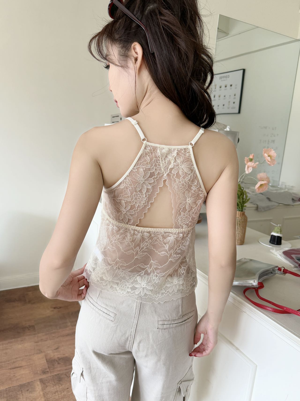 B438｜法式蕾丝中长款固定杯美背