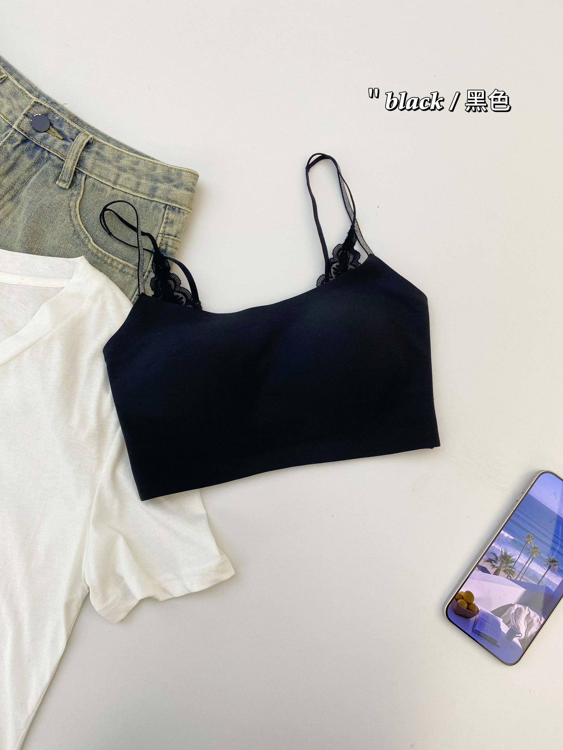 B828｜细闪肩带抹胸固定杯美背