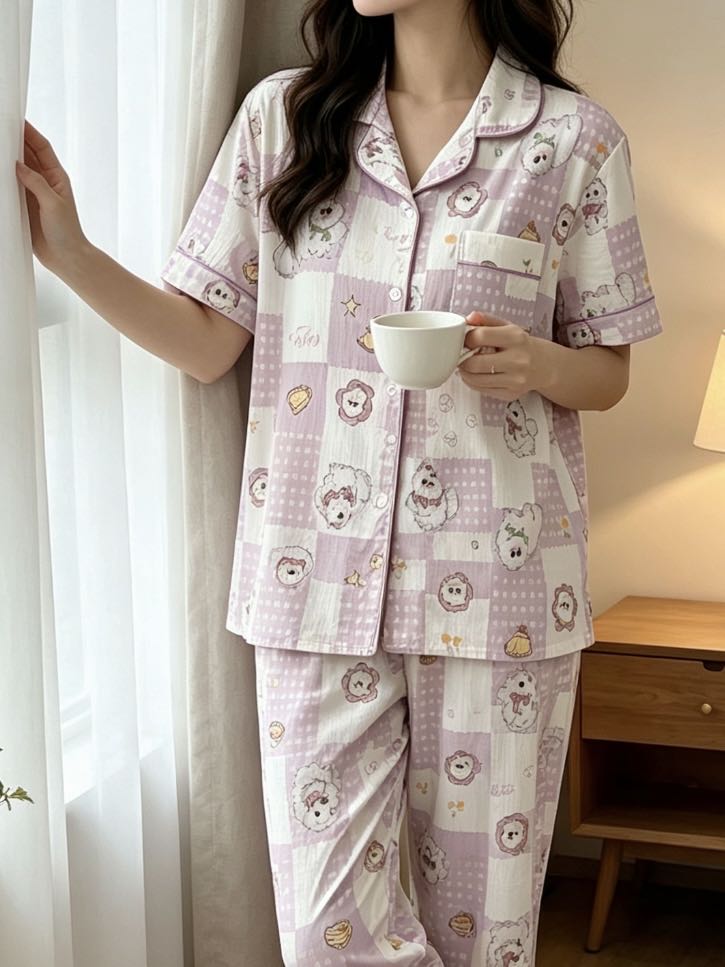 S589｜带胸垫家居服四件套